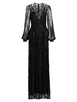 Sequined Lace Blouson-Sleeve Gown