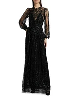 Sequined Lace Blouson-Sleeve Gown