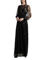 Sequined Lace Blouson-Sleeve Gown