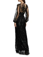 Sequined Lace Blouson-Sleeve Gown