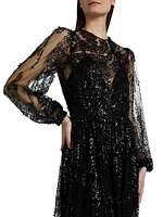 Sequined Lace Blouson-Sleeve Gown