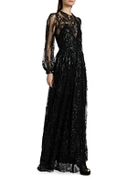 Sequined Lace Blouson-Sleeve Gown