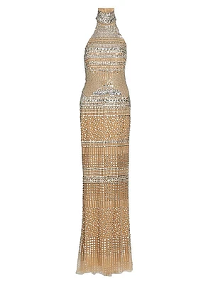Embellished High-Neck Column Gown