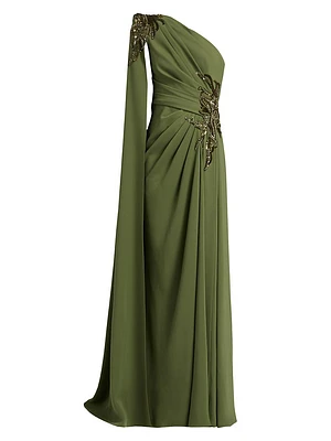 Embellished Draped One-Shoulder Gown