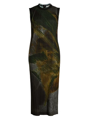 Brushstroke Print Plissé Midi Shift Dress