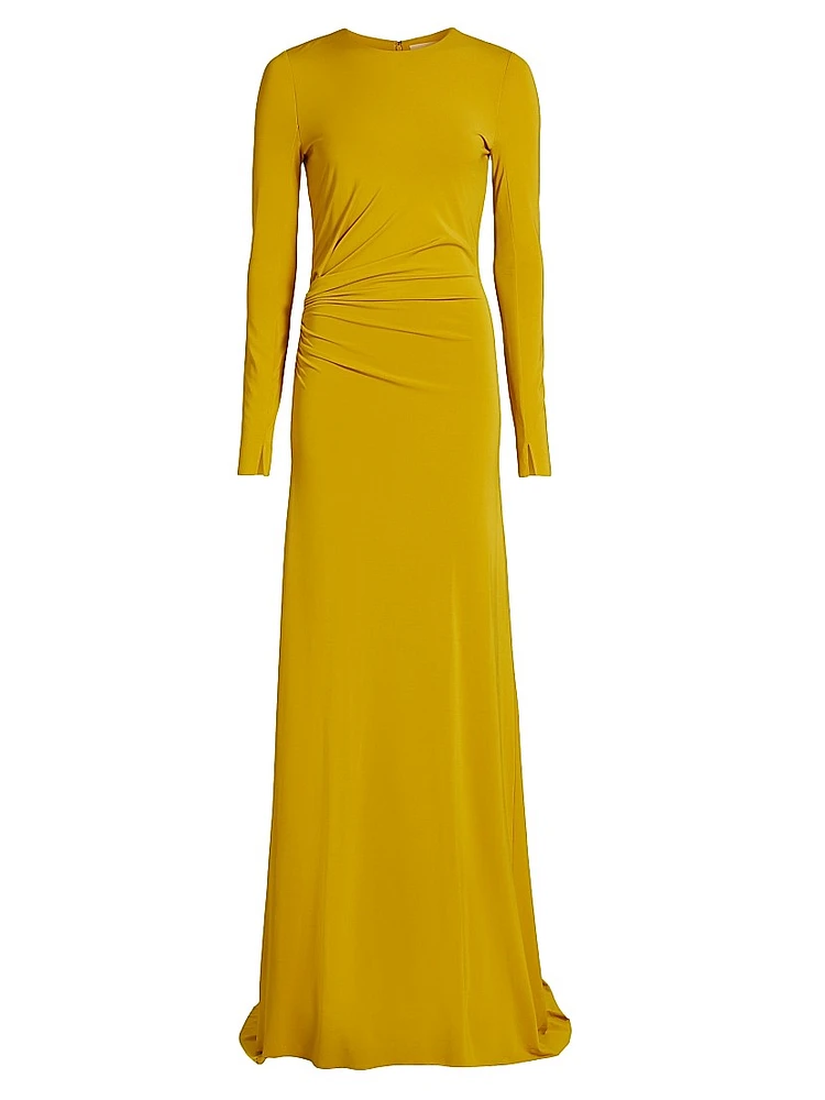 Jersey Gathered Long-Sleeve A-Line Gown