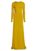 Jersey Gathered Long-Sleeve A-Line Gown