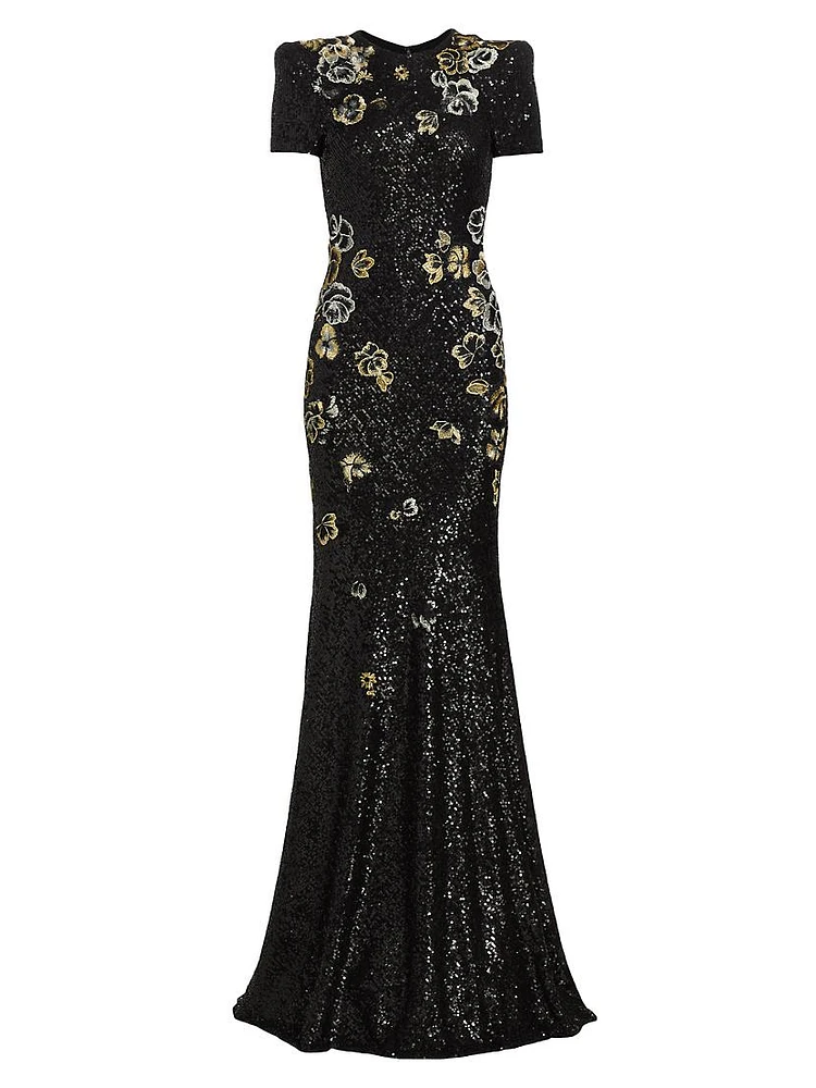 Floral-Embroidered Sequined Gown