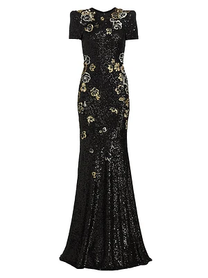 Floral-Embroidered Sequined Gown
