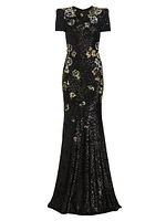 Floral-Embroidered Sequined Gown