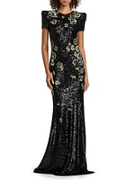 Floral-Embroidered Sequined Gown