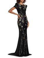 Floral-Embroidered Sequined Gown