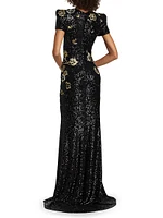 Floral-Embroidered Sequined Gown
