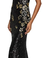 Floral-Embroidered Sequined Gown