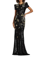 Floral-Embroidered Sequined Gown