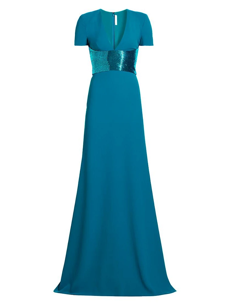 Sequined-Waist Short-Sleeve Gown