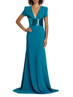 Sequined-Waist Short-Sleeve Gown