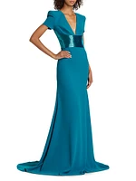 Sequined-Waist Short-Sleeve Gown