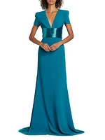 Sequined-Waist Short-Sleeve Gown