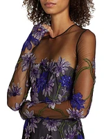 Sequin & Floral-Embroidered Long-Sleeve Illusion Gown