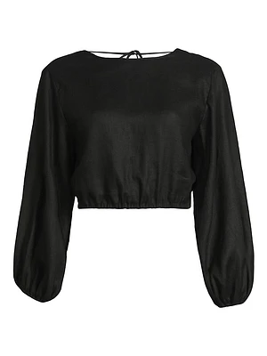 Bena Linen Puff-Sleeve Crop Top