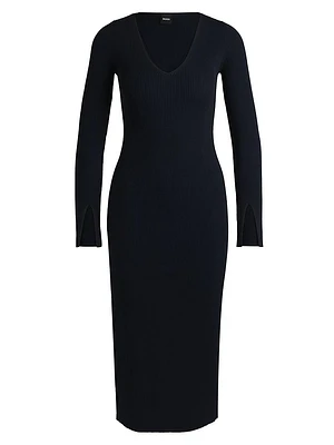 Long-Sleeved V-neck Dress with Ribbed Knit