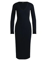 Long-Sleeved V-neck Dress with Ribbed Knit