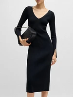 Long-Sleeved V-neck Dress with Ribbed Knit