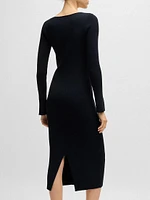 Long-Sleeved V-neck Dress with Ribbed Knit