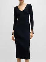 Long-Sleeved V-neck Dress with Ribbed Knit