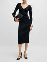 Long-Sleeved V-neck Dress with Ribbed Knit