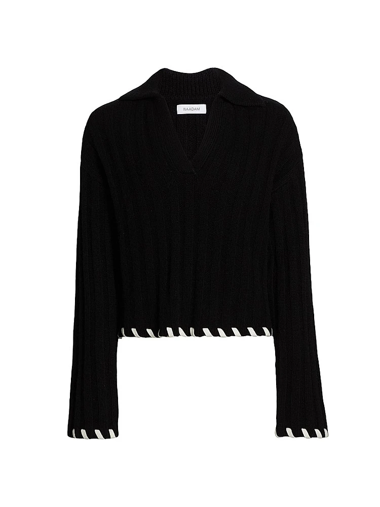 Wool-Cashmere Whipstitched Polo Sweater