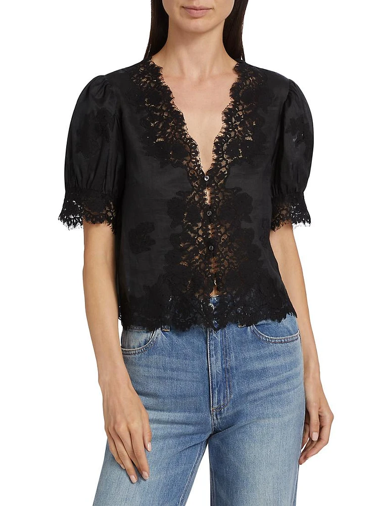 Idella Lace-Trim Puff-Sleeve Top