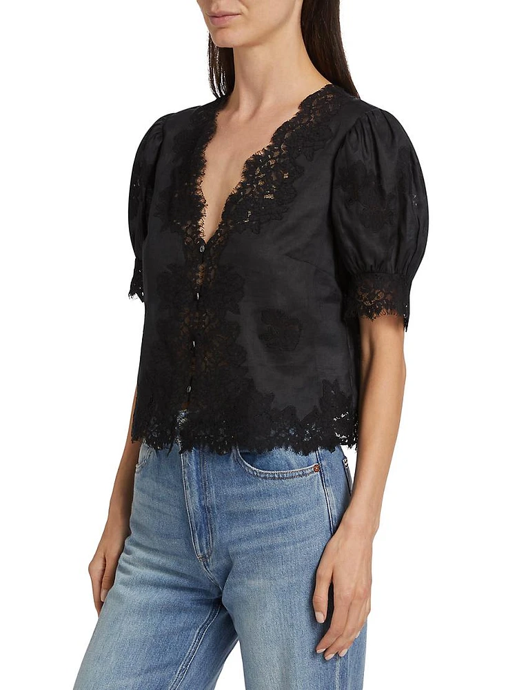 Idella Lace-Trim Puff-Sleeve Top