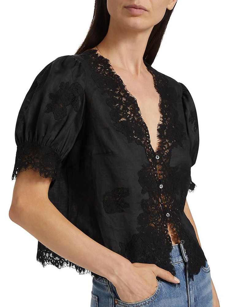 Idella Lace-Trim Puff-Sleeve Top