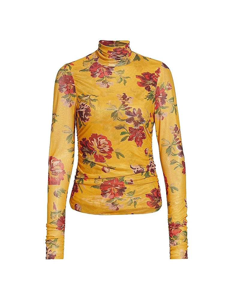 Bridgette Floral Shirred Mesh Turtleneck