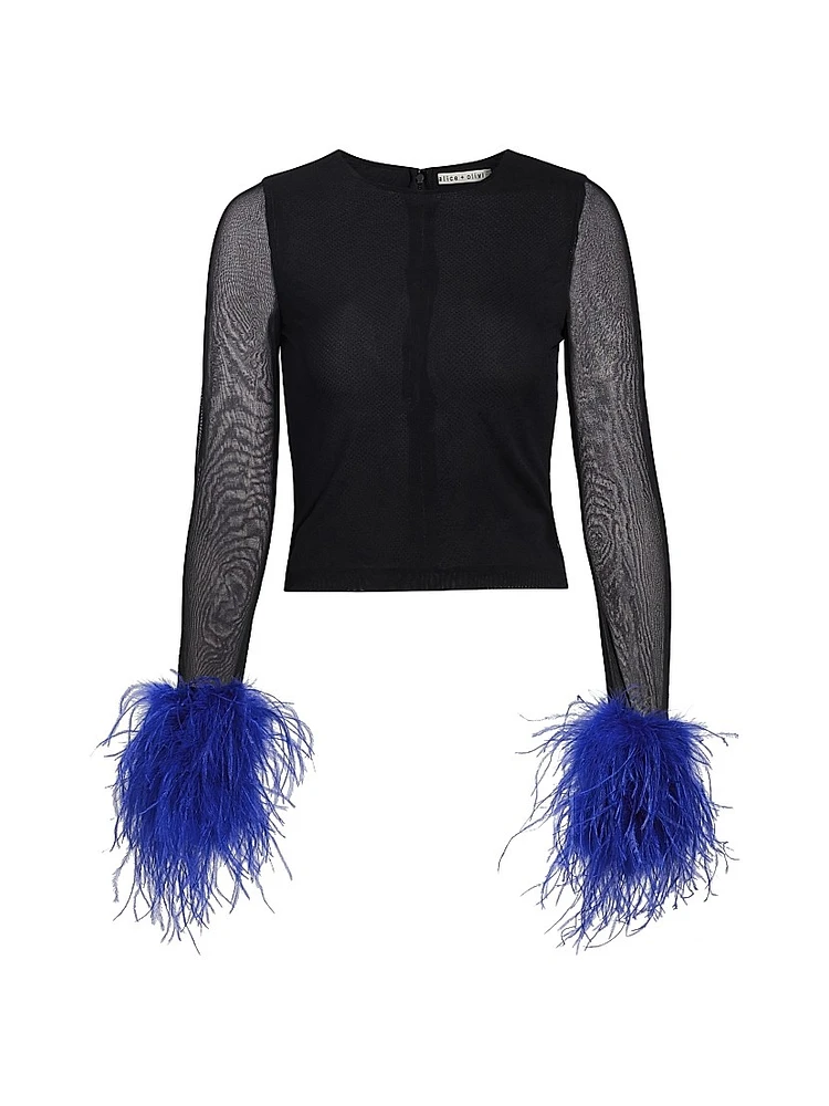 Delaina Feather-Trimmed Mesh Top
