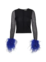 Delaina Feather-Trimmed Mesh Top