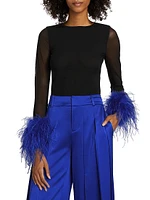 Delaina Feather-Trimmed Mesh Top