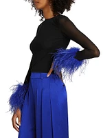 Delaina Feather-Trimmed Mesh Top