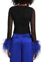 Delaina Feather-Trimmed Mesh Top