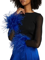 Delaina Feather-Trimmed Mesh Top