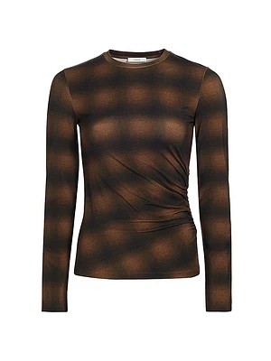 Plaid Side-Drape Long-Sleeve Crewneck Top