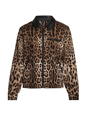 Leather-Trimmed Leopard-Printed Jacket
