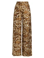 Abstract Horse-Print Silk Straight-Leg Pants