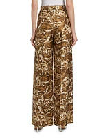 Abstract Horse-Print Silk Straight-Leg Pants