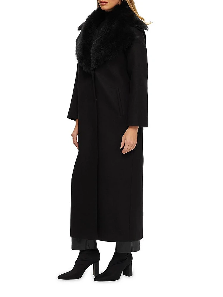 Fabric Coat with Detachable Merino Shearling Lamb Collar