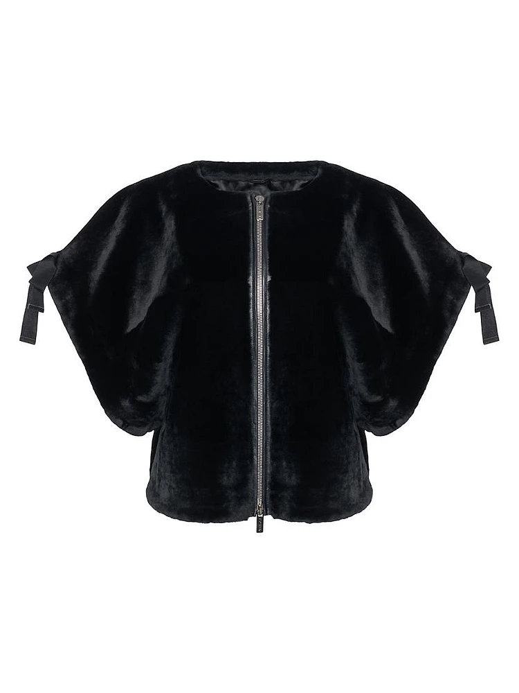 Select Shearling Lamb Collarless Short Sleeve Jacket