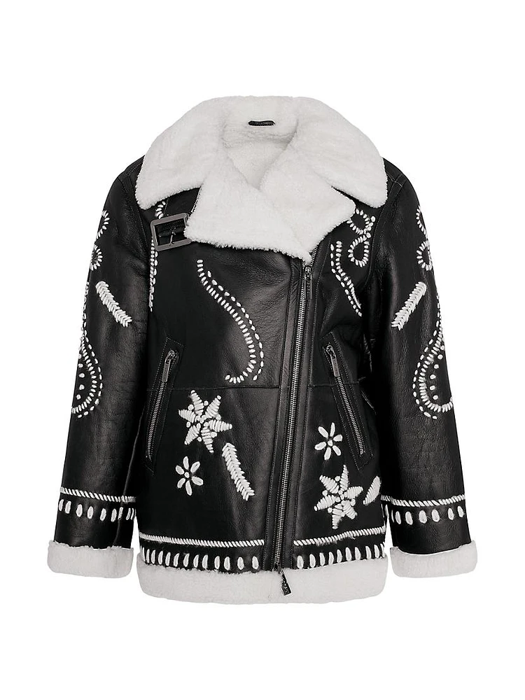 Select Shearling Lamb Zip Jacket with Wool Embroidery