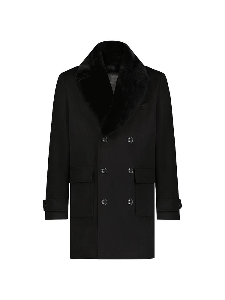 Men's Loro Piana Wool Short Coat with Detachable Merino Shearling Lamb Collar